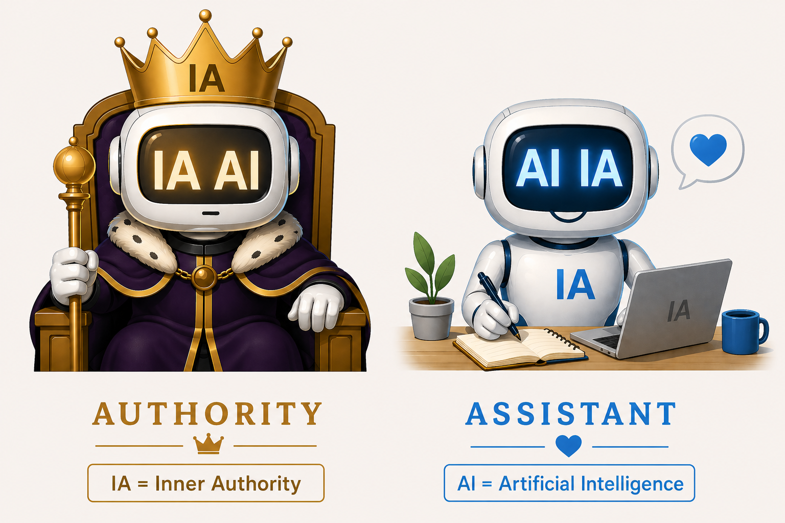 Two robots, one crowned on a throne labeled Inner Authority and one at a desk labeled Artificial Intelligence, Assistant.