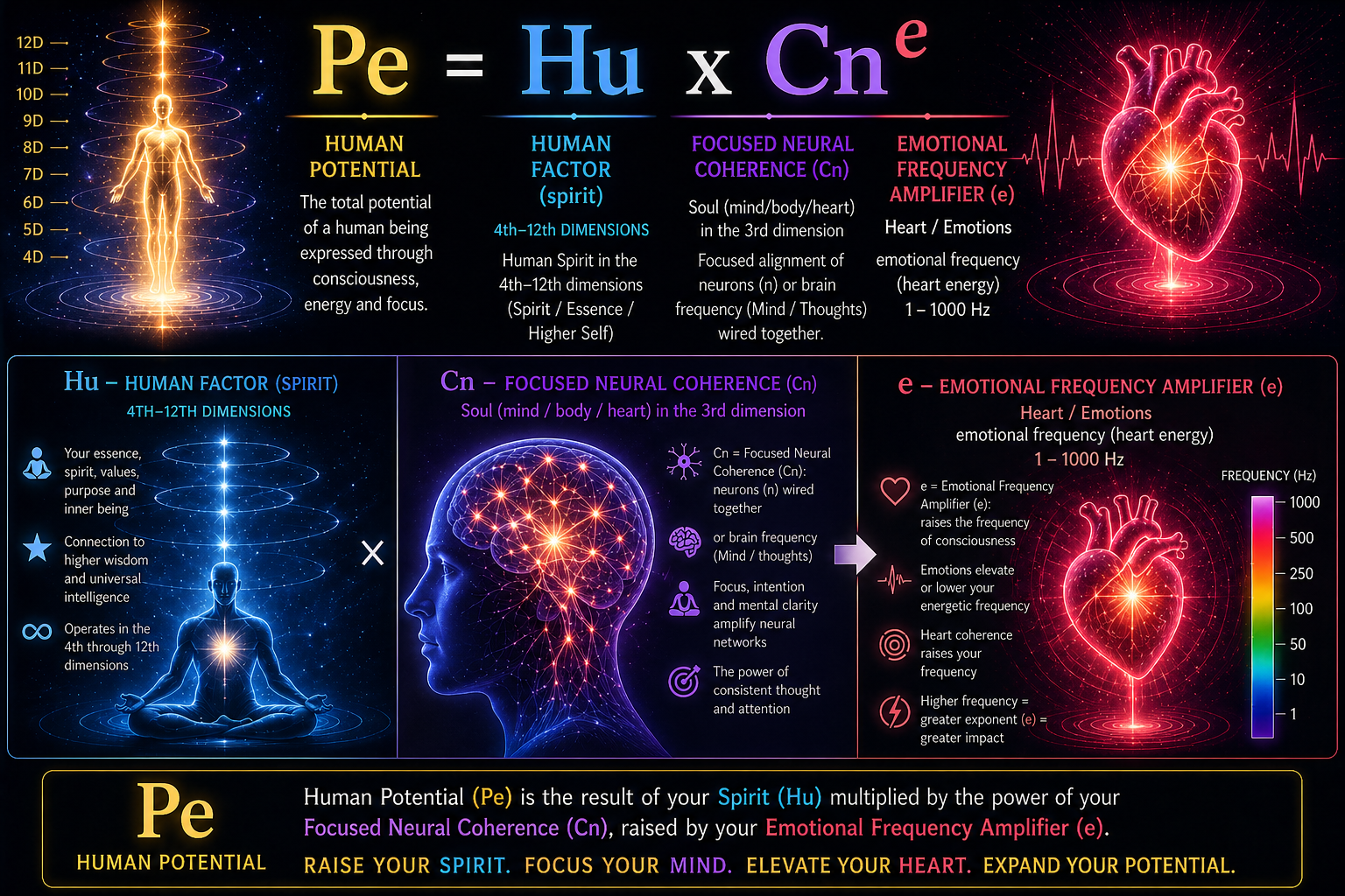 Lori Arzaga's human potential framework, Pe equals Hu times Cn to the power of e: spirit, focused mind, and heart.